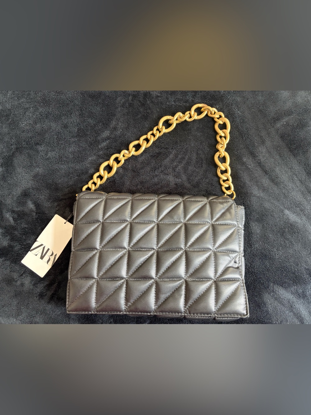 ZARA Black Quilted Shoulder Bag with Gold Chain